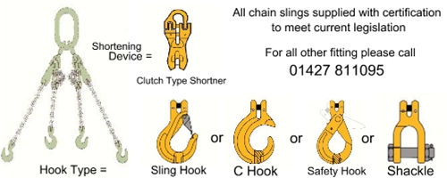 Four Leg Chain Sling c/w Cutch Type Shortner and Optional Hook Fittings