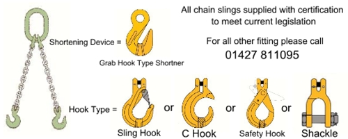 Two Leg Chain Sling c/w Grob Hook Shortner + Optional Hook Fittings